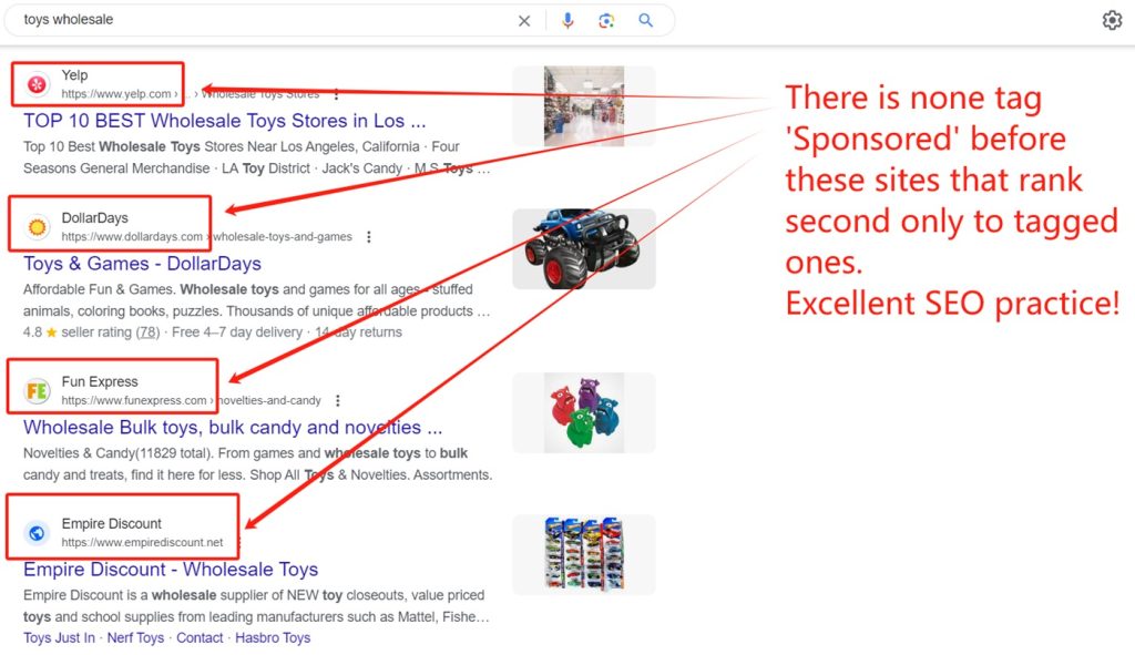 Google search page screenshot explaining natural search ranking