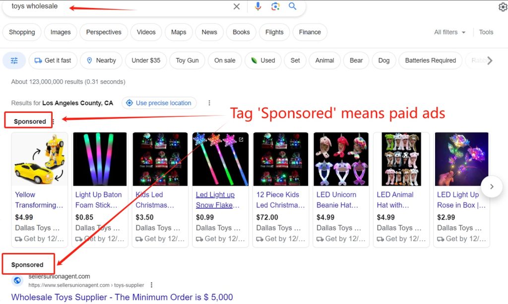 Google search page screenshot explaining sponsored ads