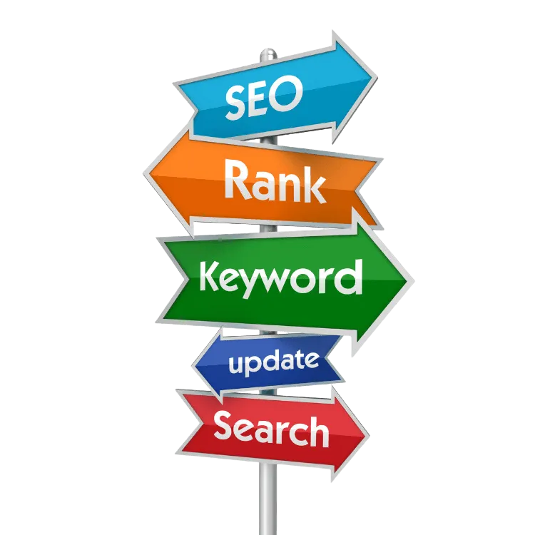Five arrows on a pole, each arrow displaying 'keyword', 'SEO', 'RANK', 'Update', 'Search'