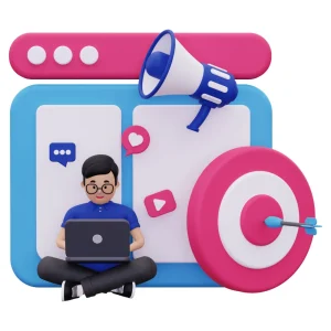 A cartoonic image displaying a man sitting and typing, a laptop on his leg, and search engine marketing elements in the background: web page, dart target, volume amplifier