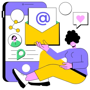 A cartoon image displaying email marketing elements: mobile, envelope etc