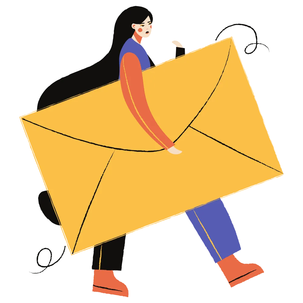 A cartoon image displaying a woman holding a huge envelope