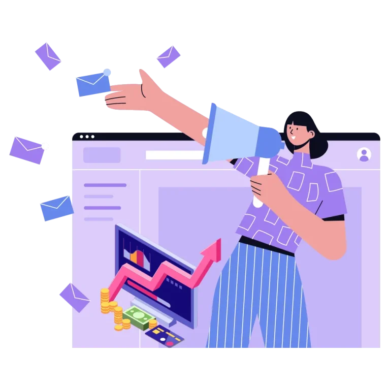 A cartoon image displaying a woman promoting via email marketing