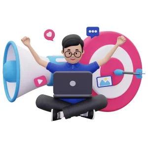 A cartoonic image displaying a man sitting with open hands, a laptop on his leg, and digital advertising elements in the background: like button, follow button, dart target, volume amplifier