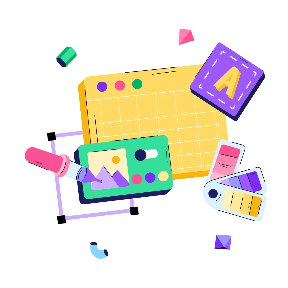 Icon filled with design elements: brush, painting board, etc.