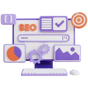 A cartoon computer desktop with elements: dart target, image, SEO etc