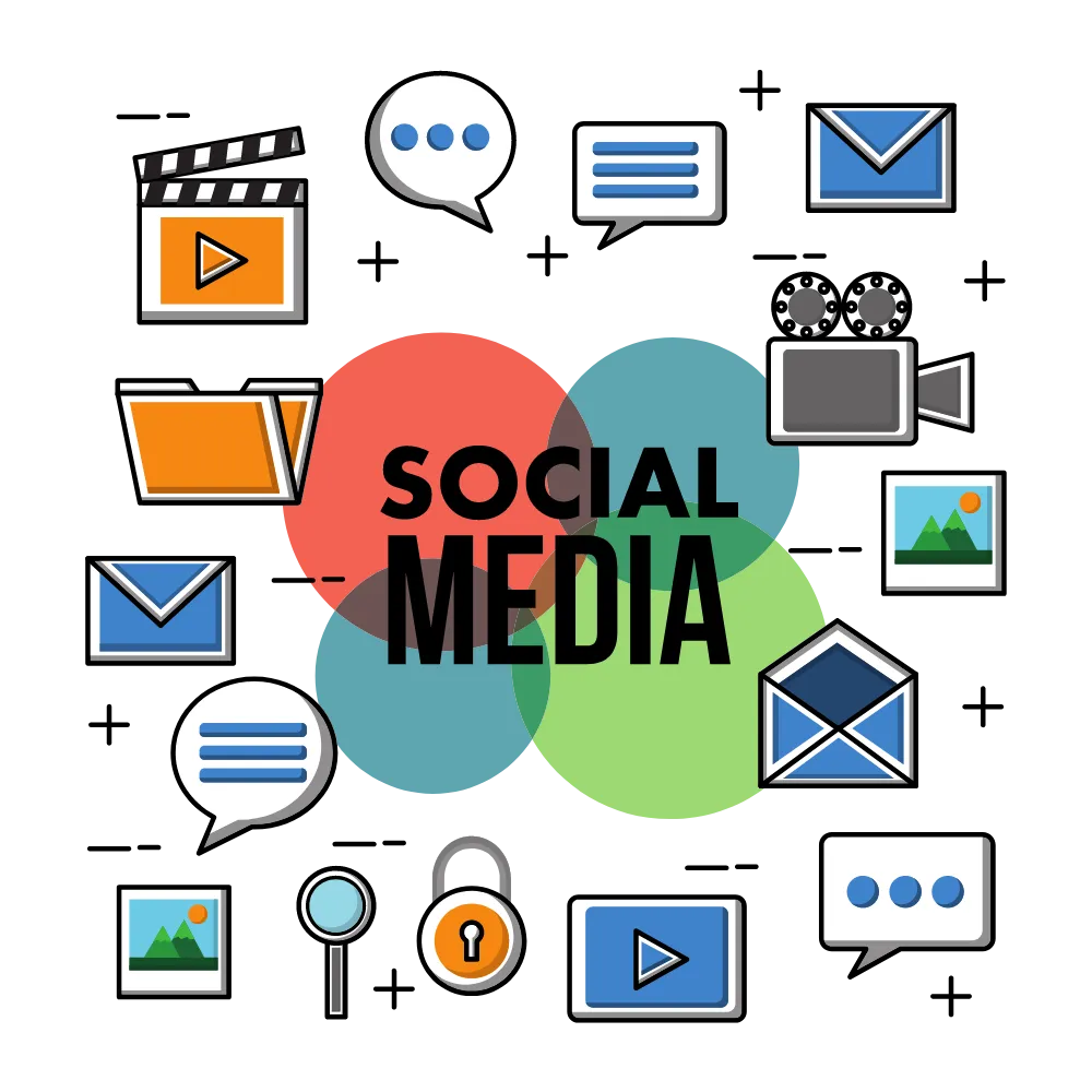 Icon showing social media integration with various elements like video, image, comments, and email.