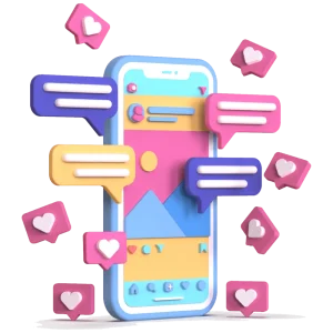 A cartoon image displaying a mobile and comment box, like buttons around