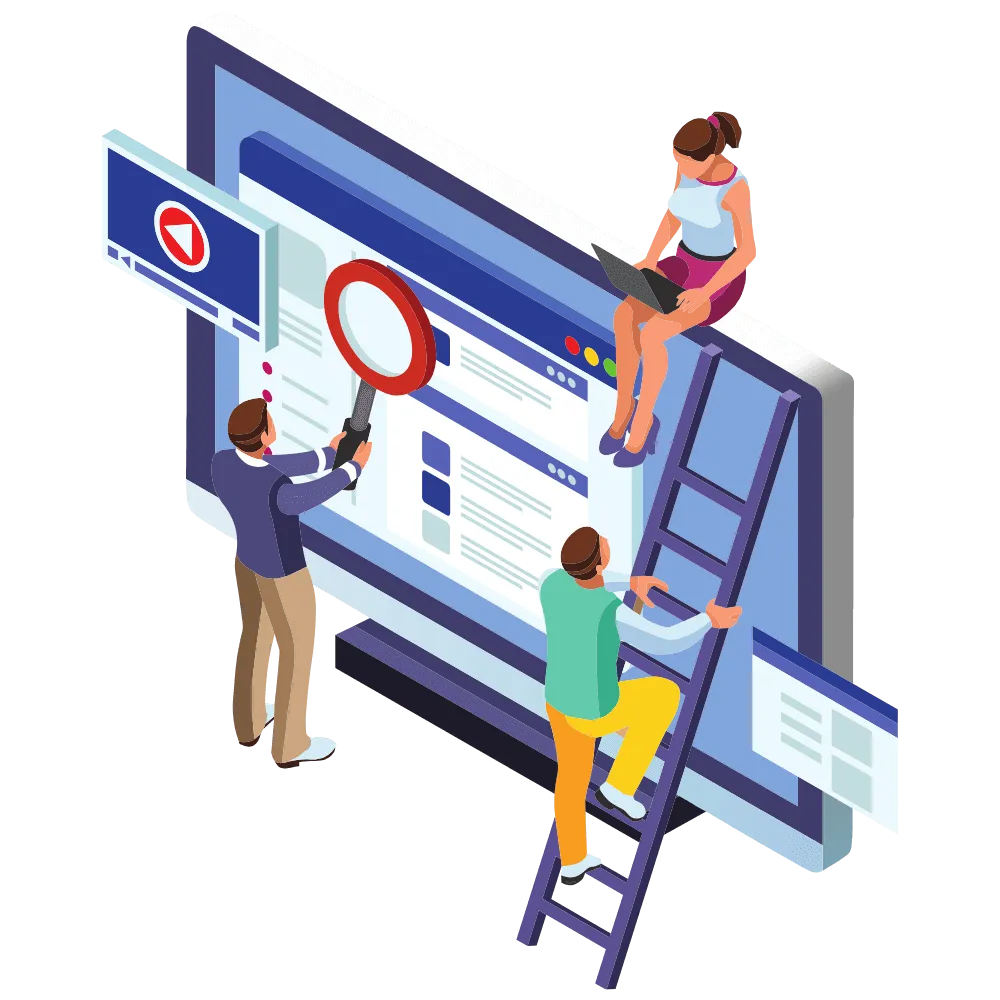 Cartoon image of three people constructing a website on a computer desktop