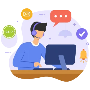 A cartoon image displaying a man sitting at the desk, a computer on the desk, some website elements around this image