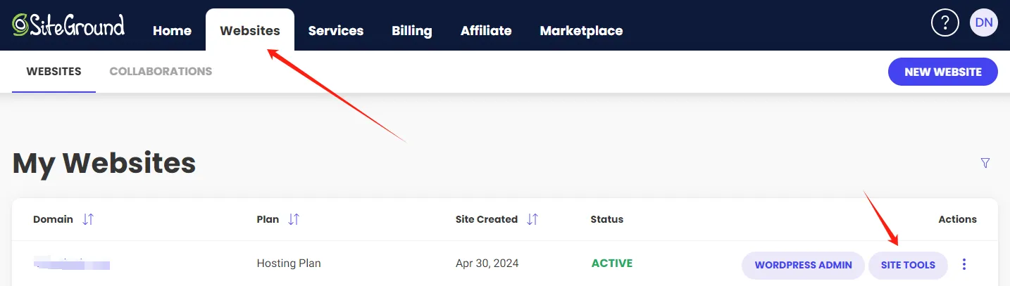Click website site tools in SiteGround