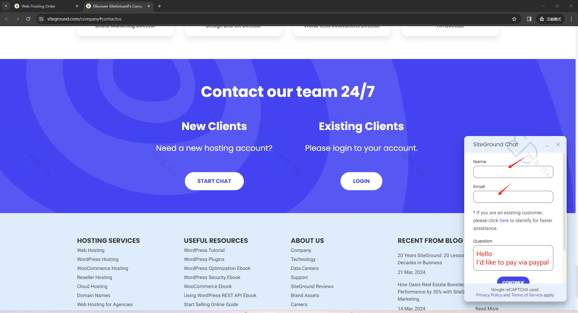 Chatting with SiteGround online support