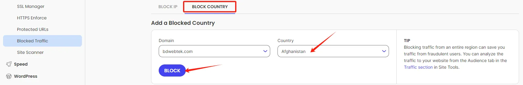Block IP address on Siteground