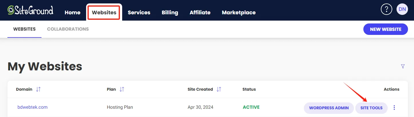 SiteGround website showing Site Tools dashboard