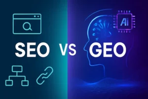A digital illustration comparing SEO and GEO. The left side shows SEO with traditional search engine elements like a browser and links, while the right side shows GEO with AI elements, including a glowing digital brain and the word "AI".