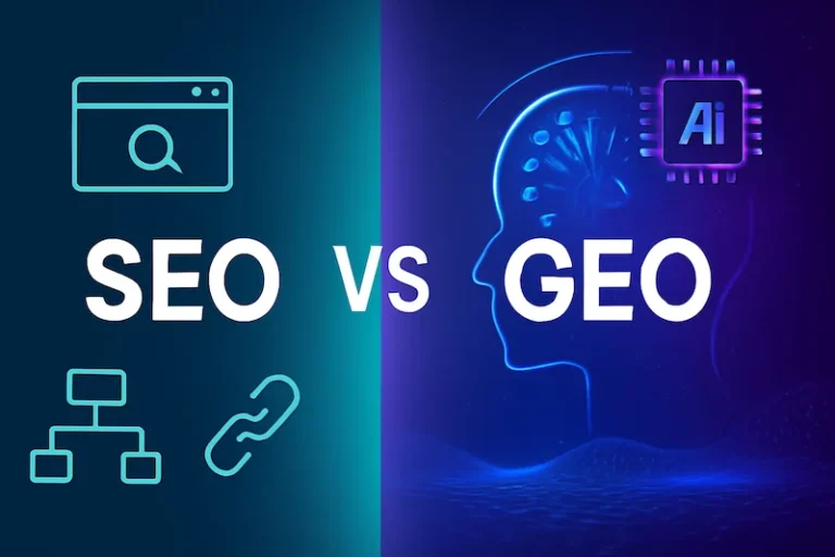 A digital illustration comparing SEO and GEO. The left side shows SEO with traditional search engine elements like a browser and links, while the right side shows GEO with AI elements, including a glowing digital brain and the word "AI".