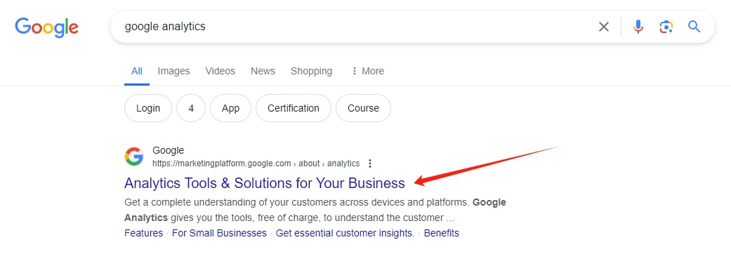 Set up GA4 step 1 - Searching for Google Analytics 4 on Google