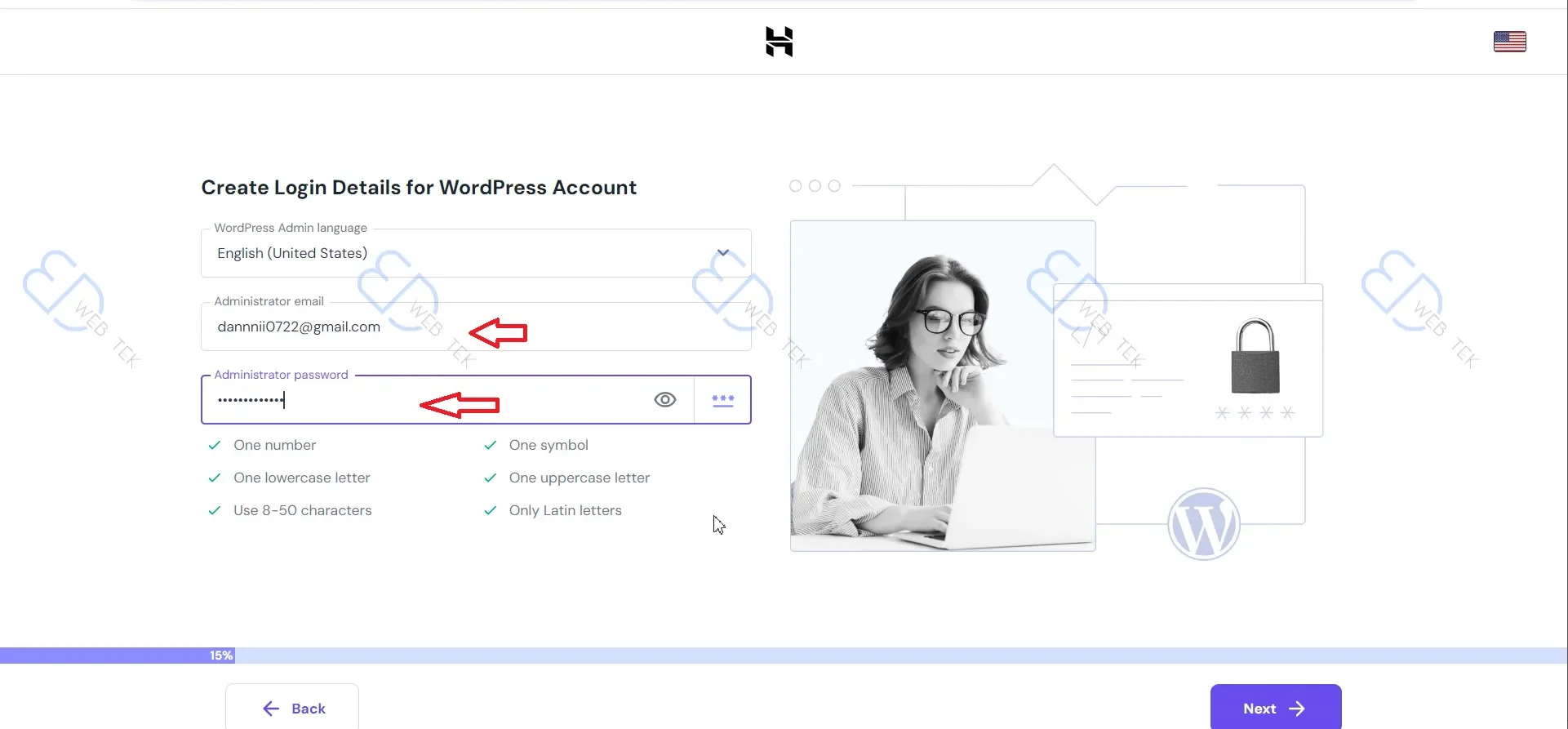 Setting up a WordPress username and password