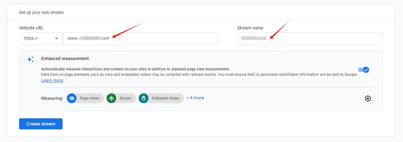Setting up a web stream in Google Analytics