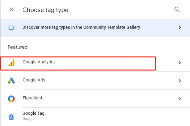 Selecting Google Analytics as the tag type in Google Tag Manager