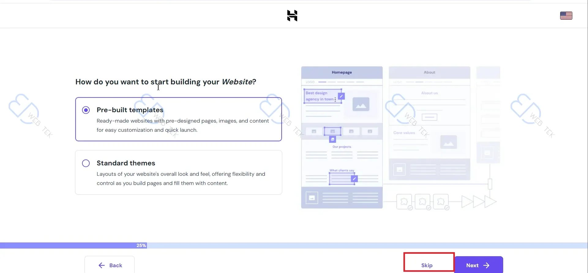 Choosing whether to use a pre-built template on Hostinger