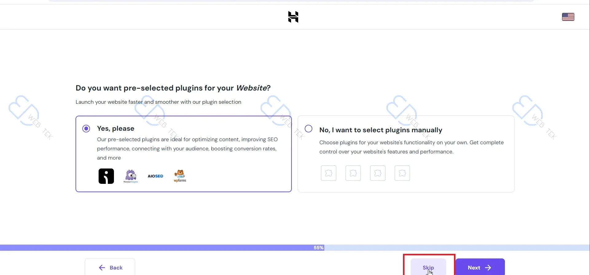 Choosing whether to install pre-built plugins on Hostinger