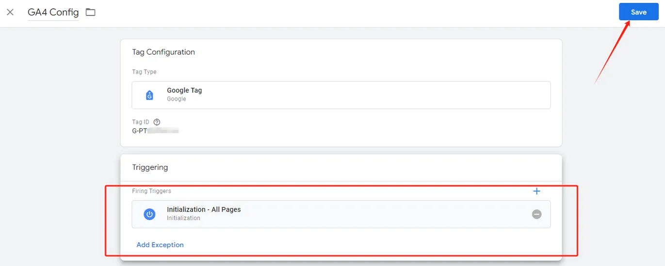 Saving the configuration in Google Tag Manager