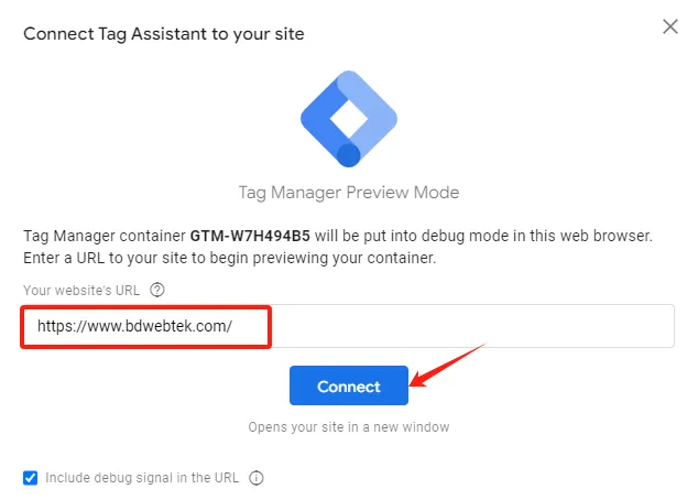 Popup to connect Google Tag Assistant to the website