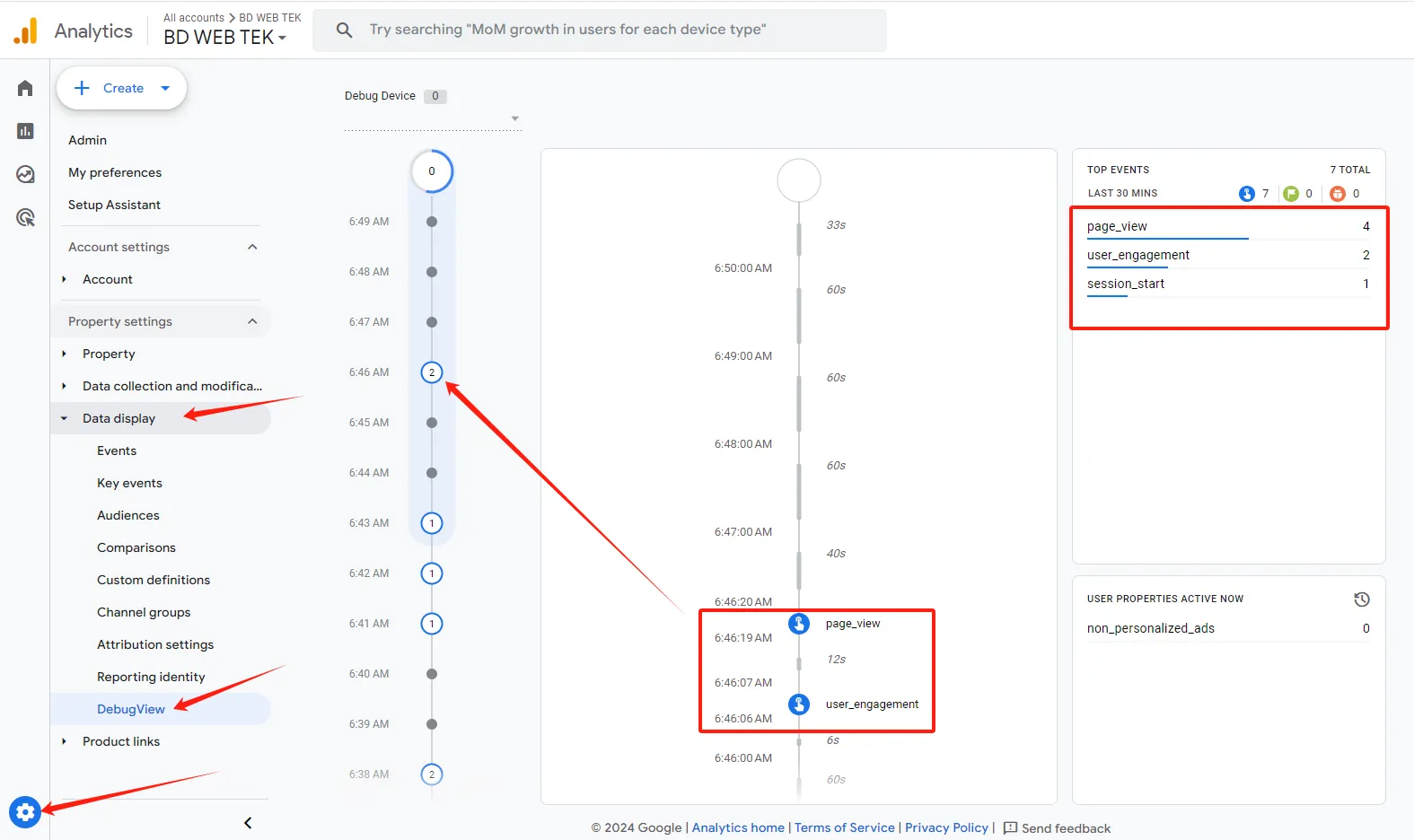 Viewing GA4 DebugView in Google Analytics