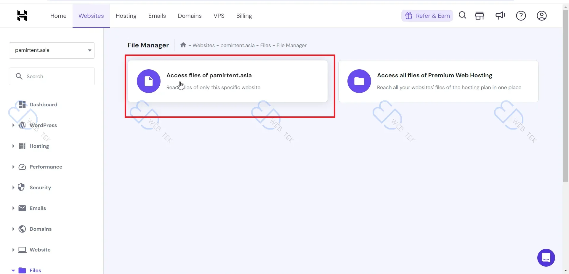 Navigating to the file manager on Hostinger