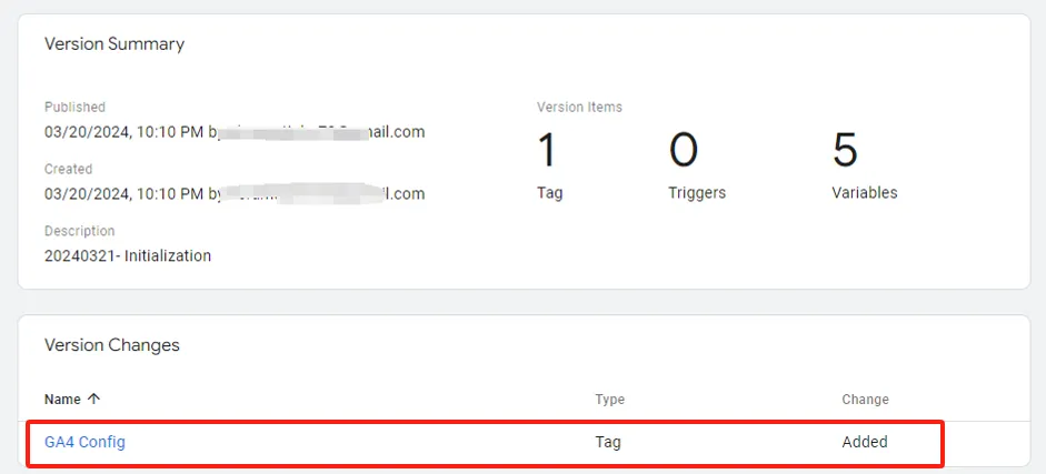 Viewing the version summary in Google Tag Manager