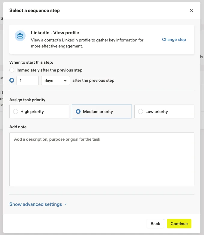 Setting the timing for the LinkedIn profile view task.