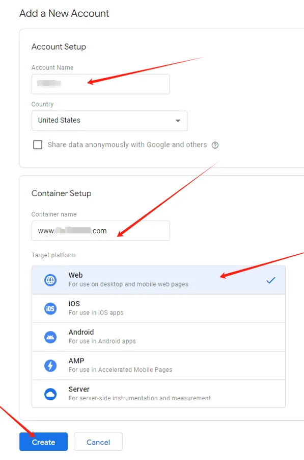 Install GTM step 3-Add a new Google Tag Manager account
