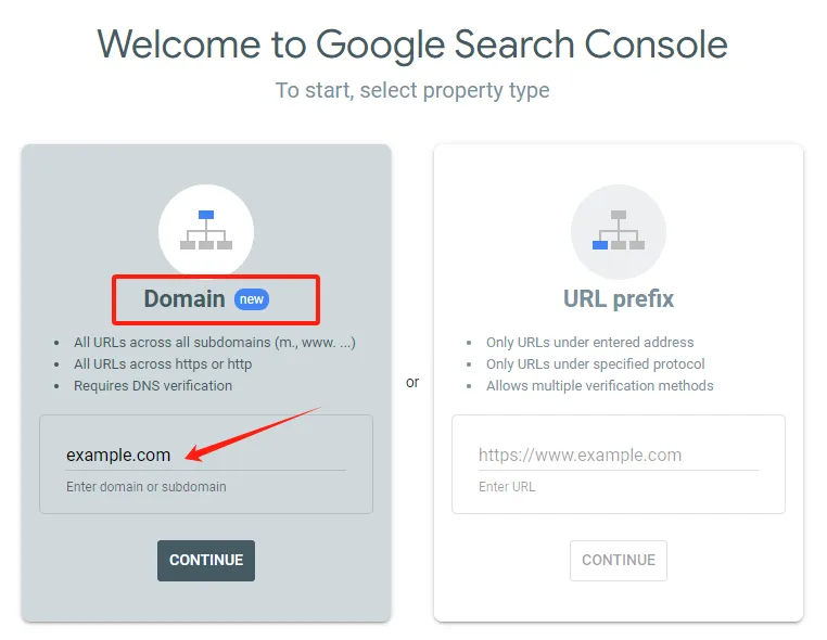 Select add domain in Google Search Console