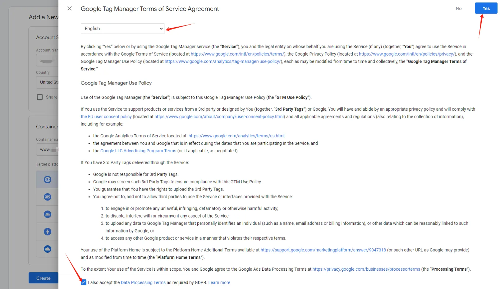 Install GTM step 4-Agree to Google Tag Manager terms of service