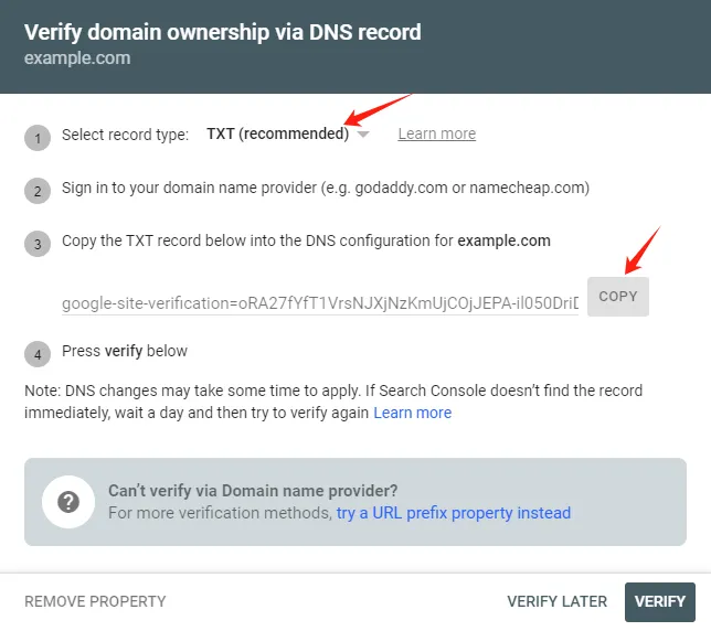 Verify ownership of the added domain in Google Search Console