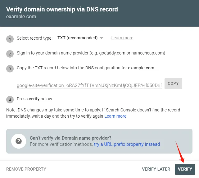 Verify ownership of the domain in Google Search Console