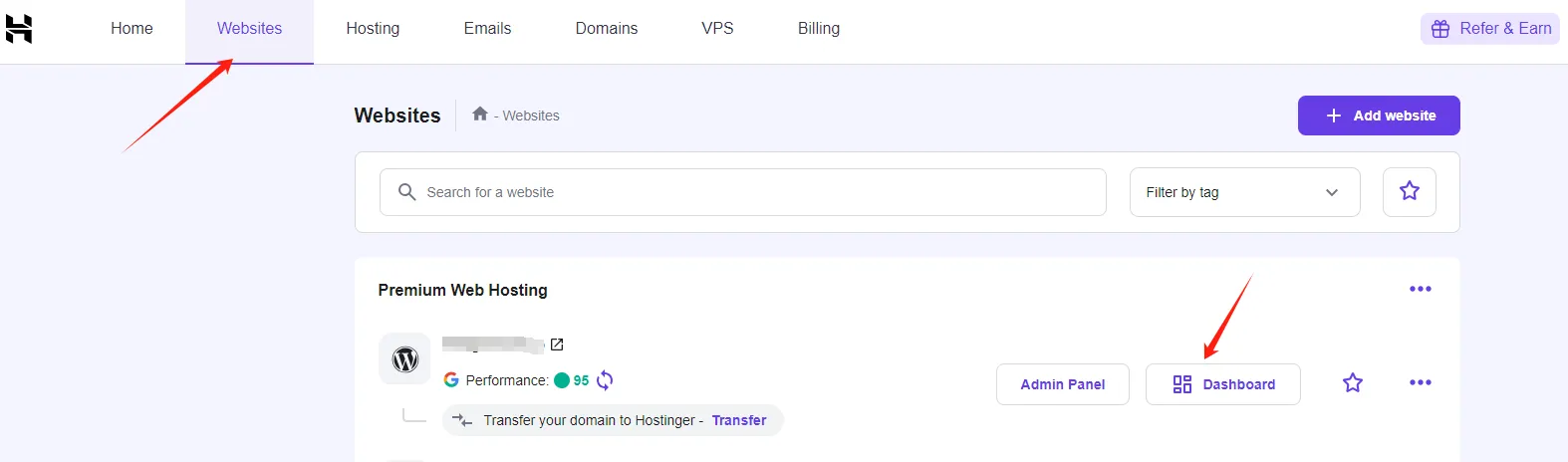 Click website dashboard in Hostinger