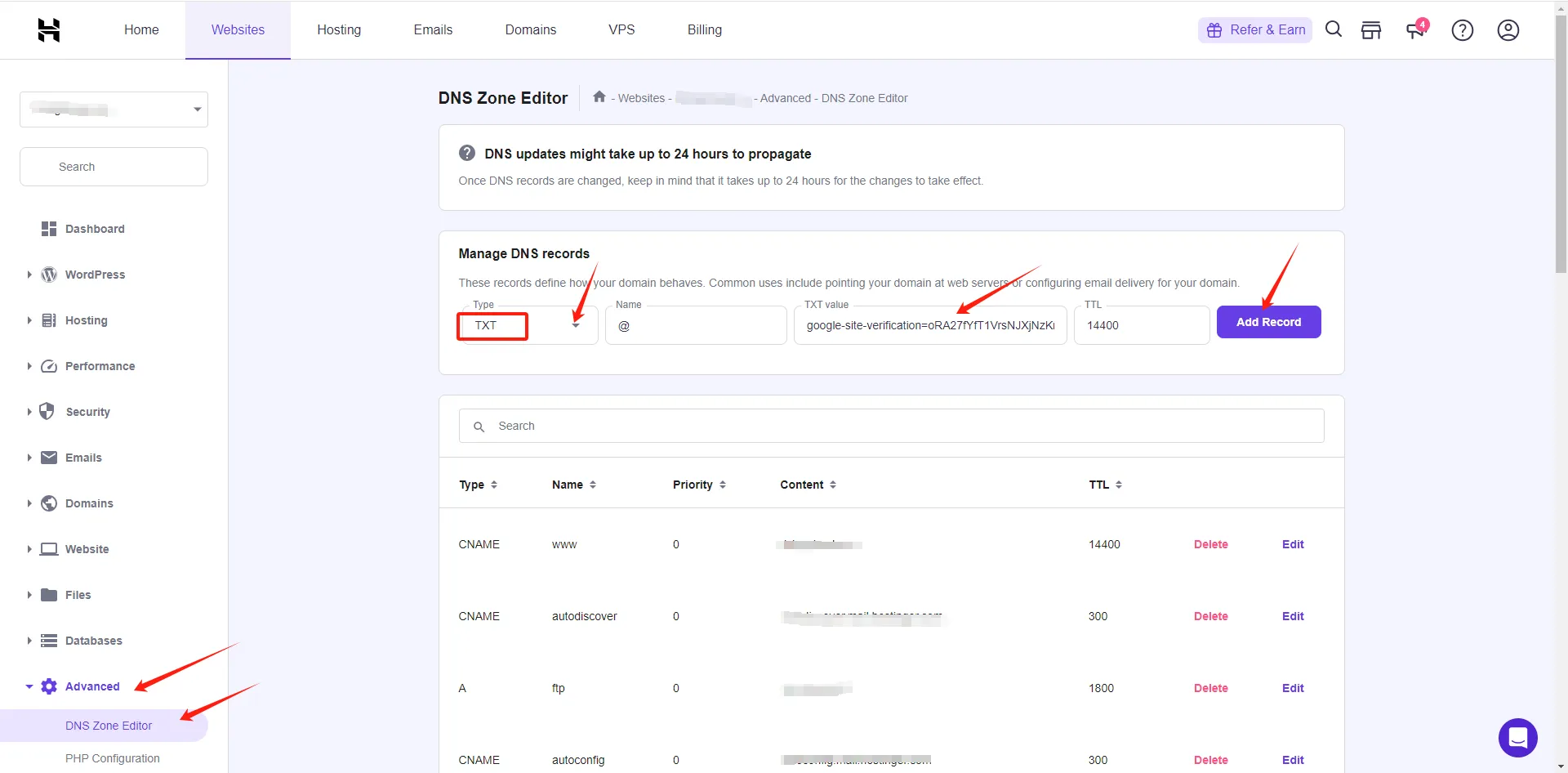 Add TXT value in DNS Zone Editor in Hostinger