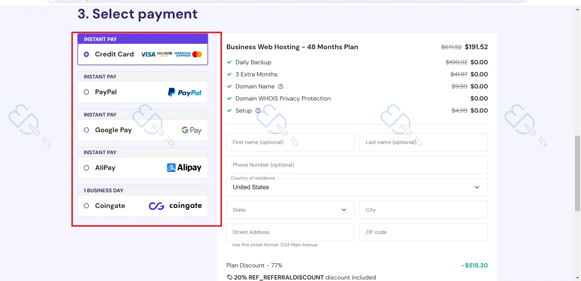 Entering payment method and client information