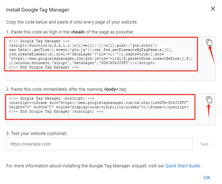 Popup displaying Google Tag Manager installation code