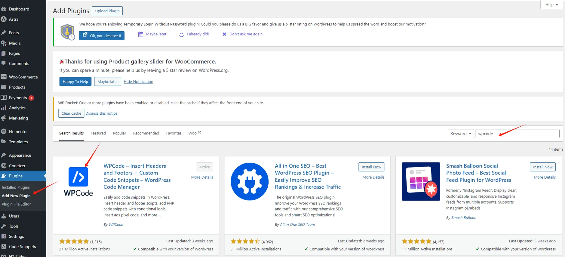 Search WPCode plugin in WordPress backend