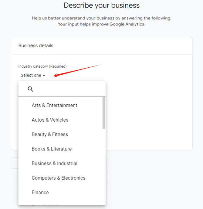 Selecting business industry in Google Analytics