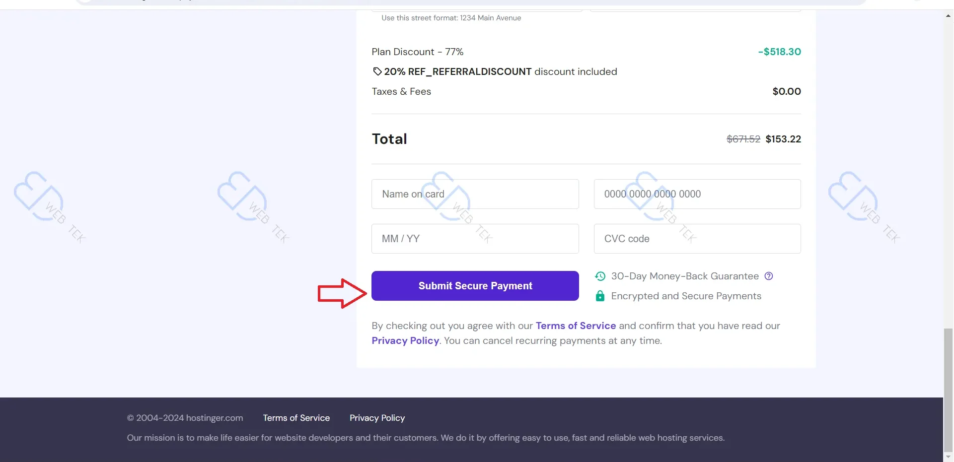 Submitting and checking the order on Hostinger