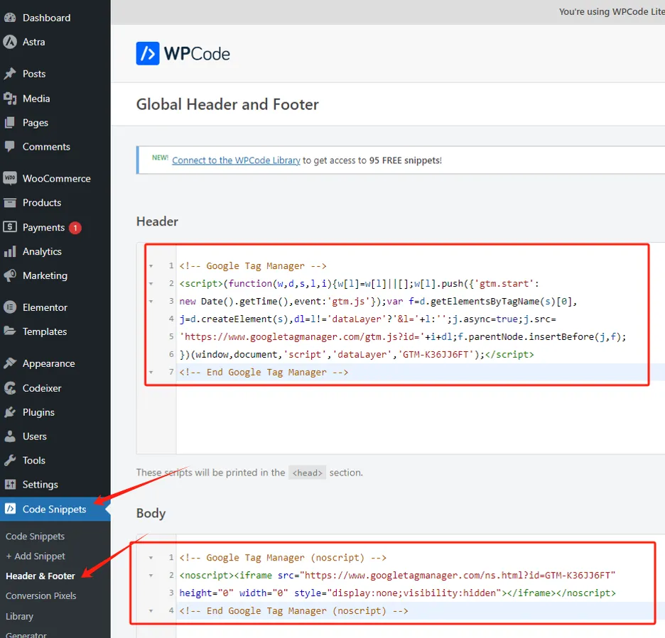 Adding code to header and body sections for Google Tag Manager installation