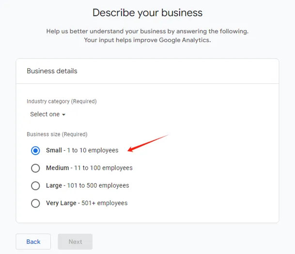 Choosing business size in Google Analytics