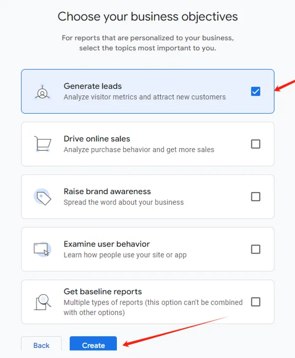 Choosing business objectives in Google Analytics