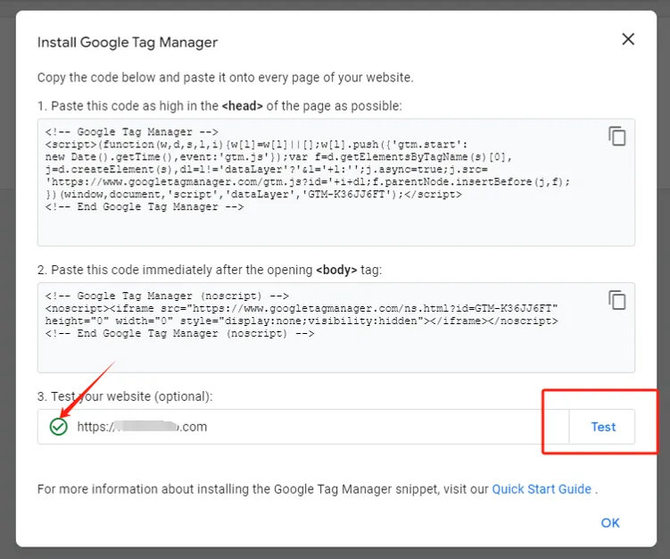 Testing website after adding Google Tag Manager code