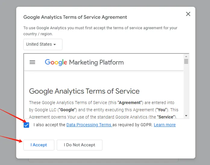Accepting Google Analytics terms of service