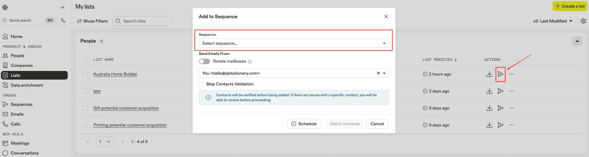 Adding a contact list to the email sequence for automated sending.